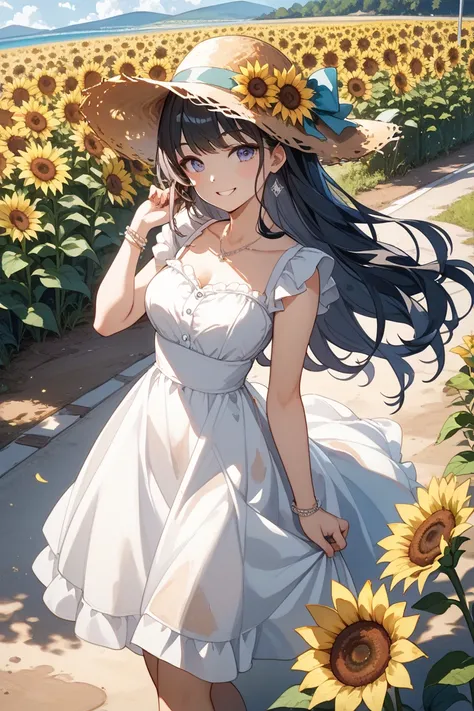 anime watercolor painting 、Warm and dazzling summer sunshine、Sunflower field、、Lots of Sunflowers 、vivid color、A long road that continues forever in the center、Dirt Road、Beautiful girl turning around in the middle of that road、white dress with straw hat、Lon...