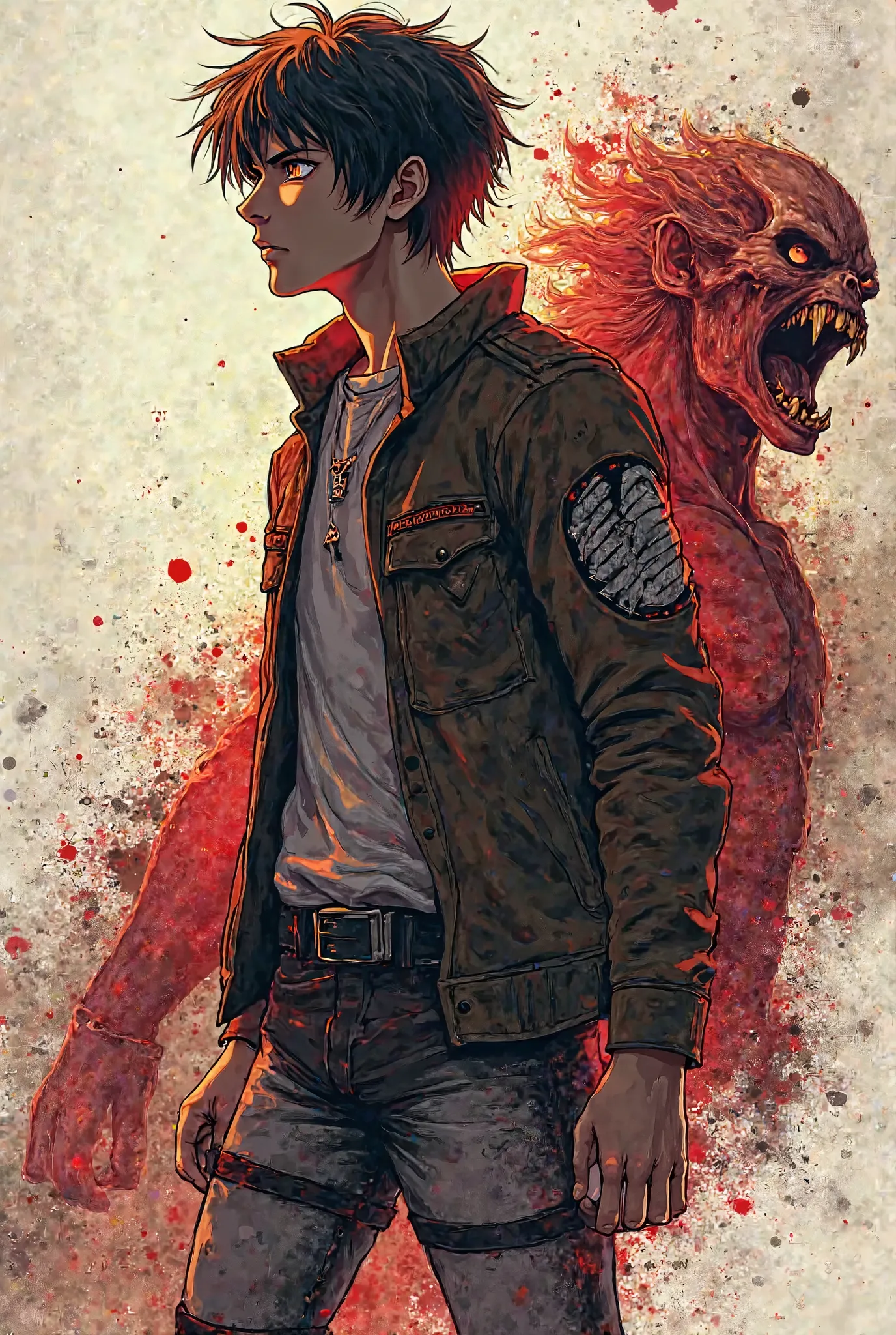 Front Print (Left Side of the T-shirt):
"Ultra-detailed anime portrait of Eren Yeager in his human form, standing with a determined look, wearing a modern hypebeast jacket. His hair is slightly messy, and the background has subtle grunge textures and faint...