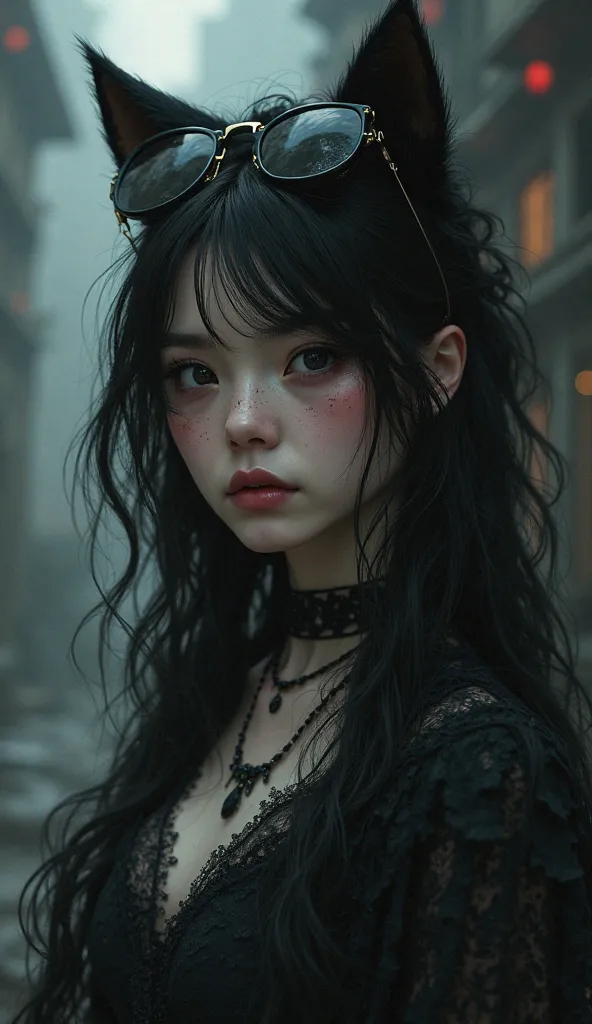 Girl 18 year old, skinny, blushed, cat ears, The hair falls down the sides, perfect figure, beautiful face, detailed face, Sunglasses on the head, (Gothic Darkness), 8k