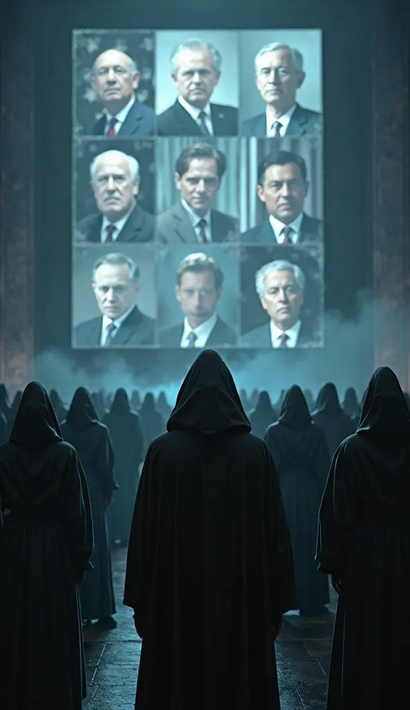 "A group of hooded figures in the dark, watching a giant screen with images of presidents and world leaders. movie style, dark colors and hyperrealistic details."