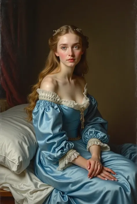 (Photorealism :1.2),  beautiful woman, sitting on the bed, oil painting from the 1730s, Of a girl dressed in sky blue satin, 20 years old,  Female,  Female,  Scandinavian,  Aristocrat , Princess, In a dimly lit room 