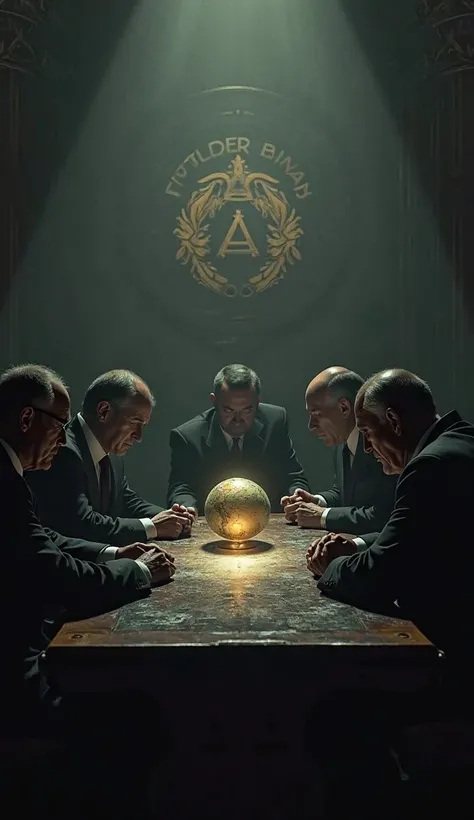 "A secret table with powerful figures in dark suits, gathered in gloom, making decisions about a globe illuminated in the center.  In the background, logos of the Bilderberg Club, Rothschild and the Illuminati barely visible.  realistic style,  cinematic p...