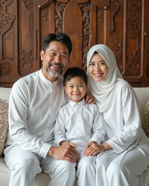 Take a family photo with 3 people, 40 year old father wearing a peci wearing a white Muslim shirt, 30 year old mother wearing a white Muslim shirt,  son wearing a white peci and white Muslim clothes,  boy wearing a white peci and white Muslim clothes, sitt...