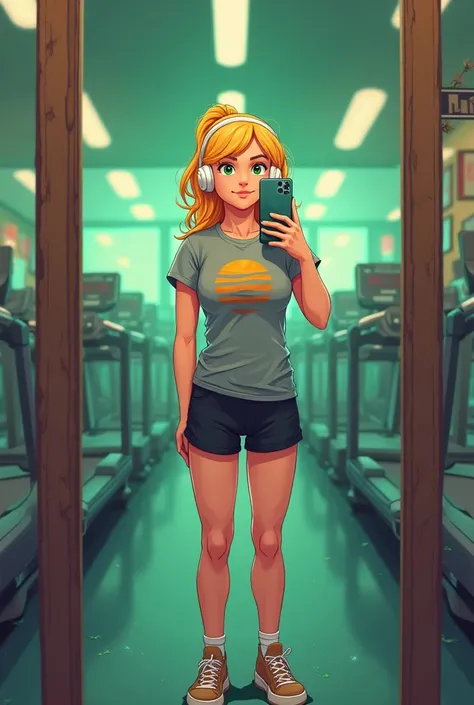 Create a blonde at the gym with green eyes,  black shorts , brown sneakers , gray t-shirt with a sun with a white headset just like Apple, taking a picture in the mirror with an iPhone 11 Pro, Does the gym have green lights 
Like a cartoon Pixel