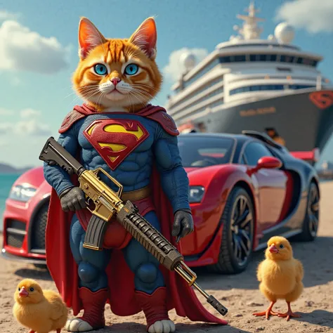 Superman-Themed Cat:
(photorealism:9.16) A muscular cat with an orange nose and blue eyes, standing in front of a red and black Bugatti Veyron, wearing a Superman suit. The background features a beautiful cruise ship. The cat holds a golden AK-47 assault r...