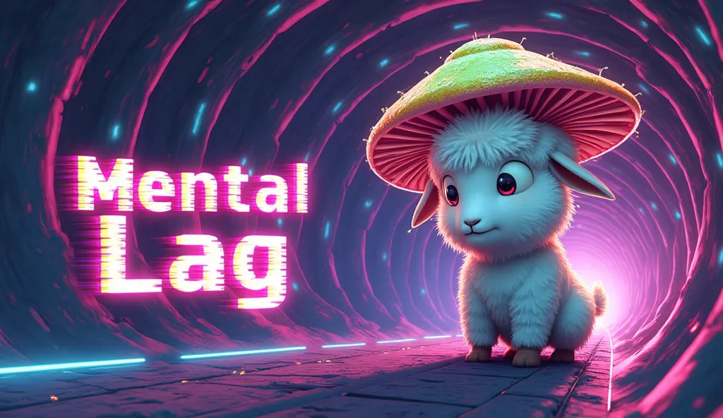 "A modern and visually striking banner for YouTube channel 'Mental Lag'. The design features a chibi hybrid character between a goat and a mushroom. The body is of a stylized and fluffy goat, effects while the head is a large psychedelic mushroom with vibr...