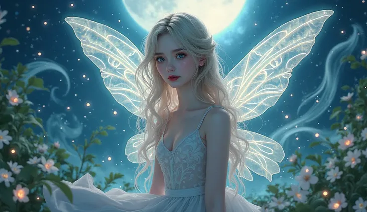  Beautiful and sensual anime fairy girl at night. 