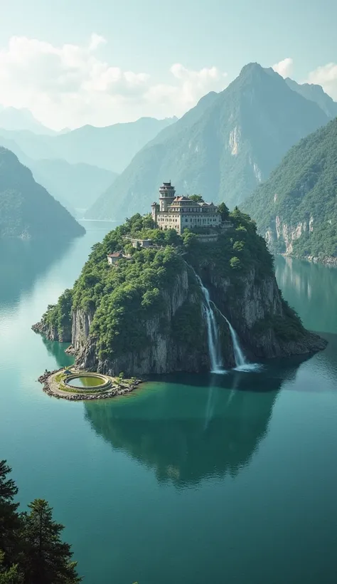 A huge lake，and a small island in the center of the lake，There is a hill on the small island，There is a three-tiered waterfall on the hill，There is an ancient city on the hill，and a small pond in the city， ancient buildings，This hillside has a spiral struc...