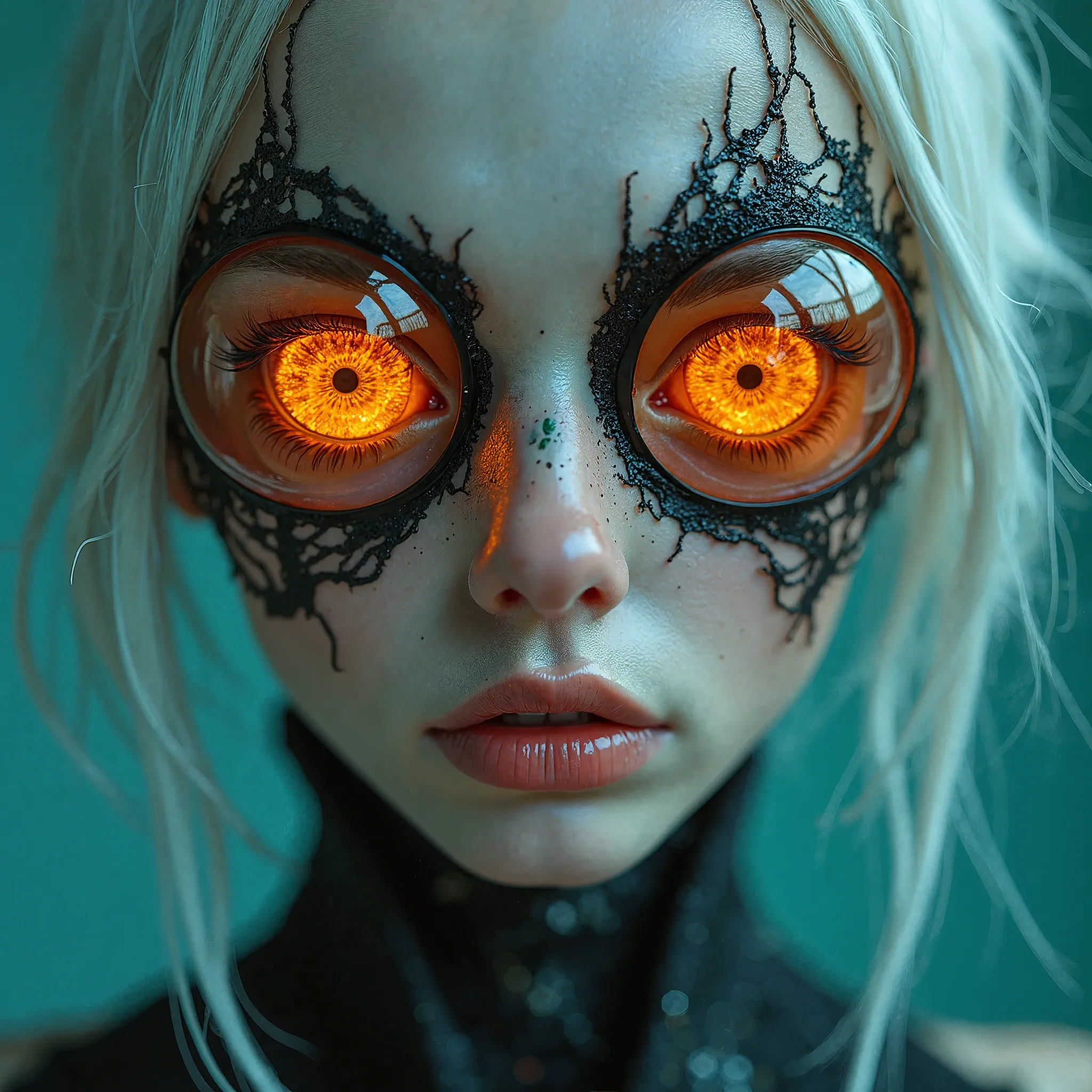 (professional photography, nikon 108mm, full length portrait, on-all-fours) (29yo skinny anorexic cyborg WOMAN, slender skinny anorexic cyborg woman with enormous heterochromia eyes drenched in dripping gelatinous clear epoxy mix ), ((top quality, 8k, mast...