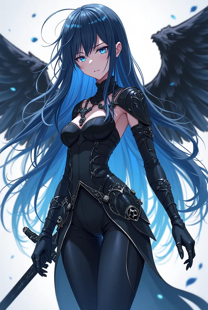 (maximum quality,  best angle quality,  official art , full body,  and aesthetics :1.2)  anime girl , Crow wings on the back,  blue eyes, long blue and black hair , Armadura preta, black shirt,  black pants,  holding sword.
