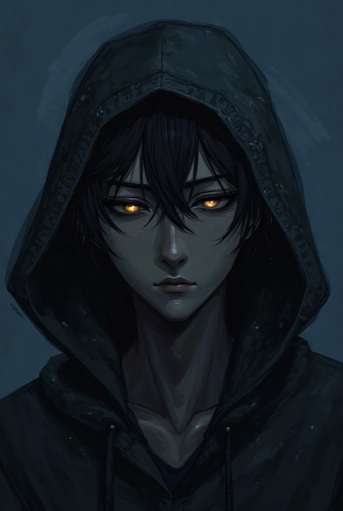 Dark skinned anime boy on hoodie with dark blue background 