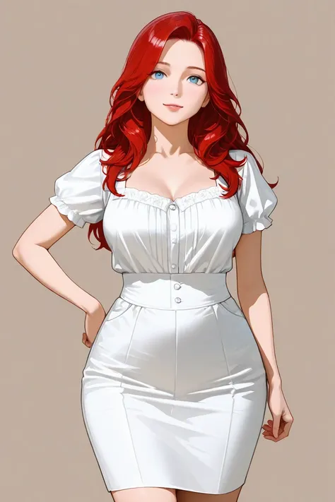 Long Bright red hair with sky blue eyes dressed as a secretary big breast and hips 