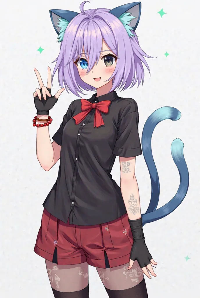 You have a girl, light brown skin, light purple hair,  light cyan hair tufts ,  that your hair is short to the shoulders ,  cat ears the same color as your hair ,  long and fluffy cat tail of the same color as your hair, a blue eye,  and the other eye comp...