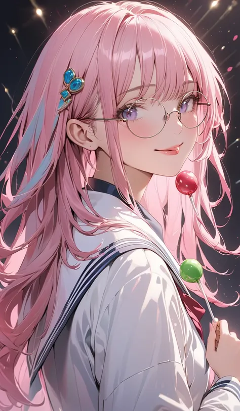 8k resolution, masterpiece, masterwork, perfect proportion, semi-realistic, focus on face, from top, 1woman, petite face, thin pink long hair:1.3, round glasses, confident and proud expression:1.2, wearing a school uniform with a white lab coat, science gi...