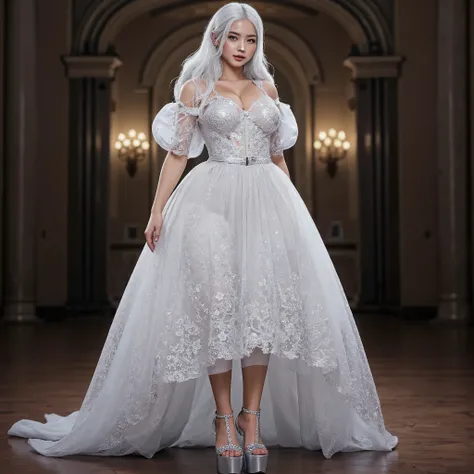 ((best quality)), ((masterpiece)), ( detailed)

A 20-year-old girl and a,60 in height with long, wavy white hair that falls softly down the middle of the back.  His eyes are light gray , with a soft glow, and she has a curvaceous body, with full breasts an...
