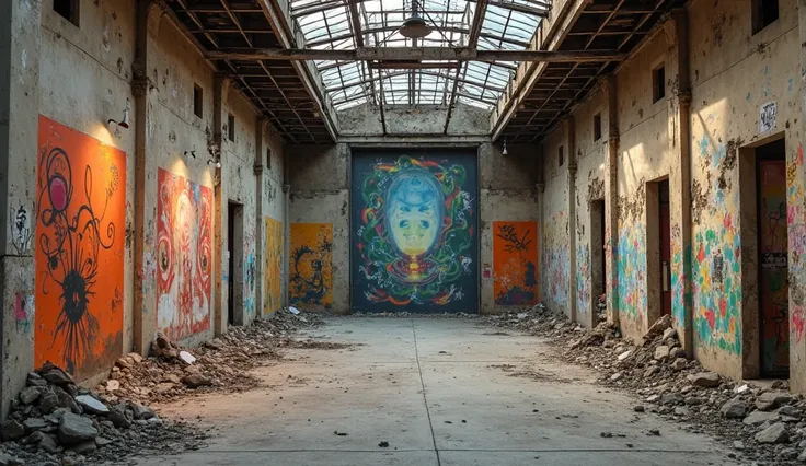 an abandoned building with an exhibition of artists in an abandoned building