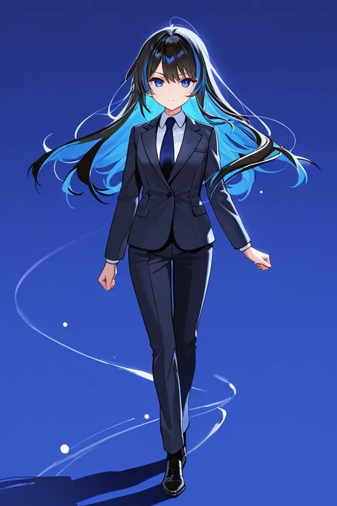 I want you to draw a girl in a suit with a blue background。hair color is black