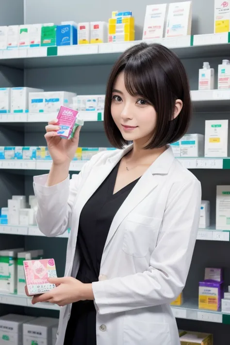 Japanese male pharmacist。Age: 30。Black and short hair。A hairstyle with a refreshing impression。I work at a dispensing pharmacy。the background is a dispensing shelf。OTC。I have a box with loxonine written on it in katakana in my hand。