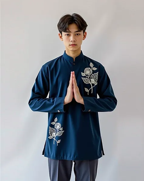 A  Korean boy, wearing black, wears a navy long sleeve muslim shirt with patterned white embroidery,dressy dress with trousers,with namaste hand pose, plain white background, Natural soft light ,