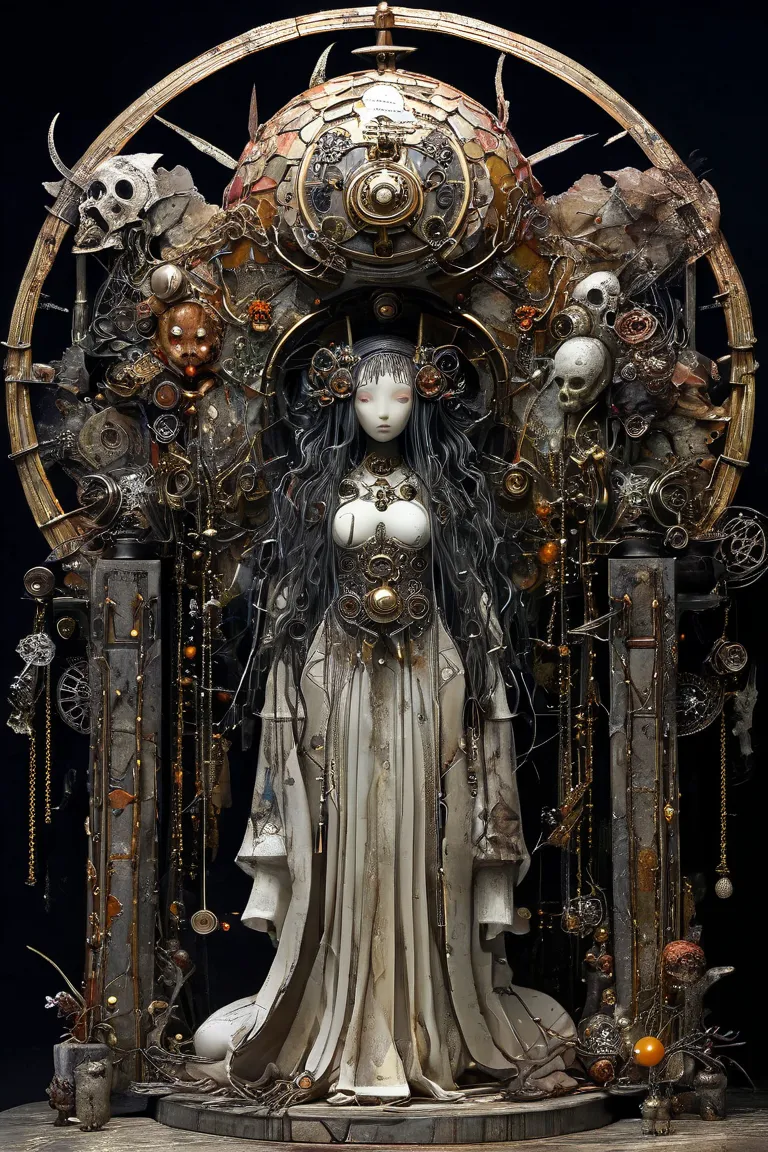 (masterpiece、Highest quality)、Super Detail、 HIGHEST DETAILS 、 spherical joint doll、layered sculpture 、(body horror: 1.4)、(生物学的mechanical)、mechanical、Avant-garde、Concept Art、Mysterious and beautiful、Dark Fantasy、purgatory、altar、Spooky and Sacred、Ancient Kin...