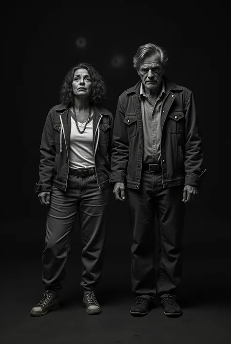 (black and white image) A woman and a man together, both wearing clothes from the 80s and quite injured, both are worried and in pain, your environment is completely black, So they stand out in the image, Behind them you can barely see eyes that haunt them