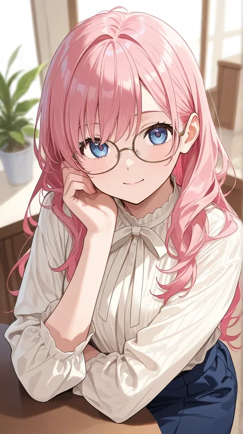 Pink Hair、glasses、 plain clothes 、 long hair