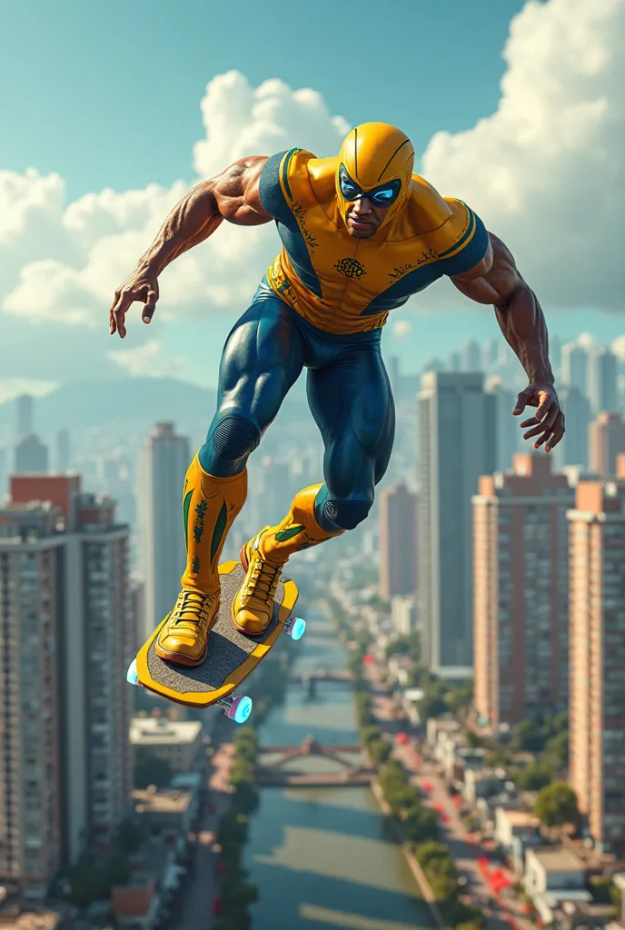 Brazilian superhero with a flying skateboard 