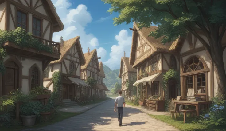 A small, peaceful village with huts, trees, and a clear blue sky. A young boy named Arjun is seen walking through the village, carrying books, with a curious and intelligent expression on his face.