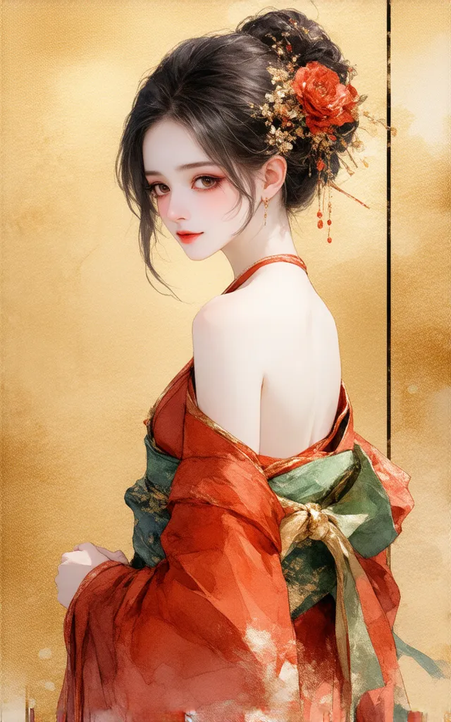 gentleness of transparent watercolor,Soft pastel tones.looking back.dynamic angle.(((off shoulder. Strapless:1.4))). her wearing gorgeous red and flowers patterns kimono.It is wearing a gorgeous gold obi.A cute idol who's about 23 years old. Her skin is wh...