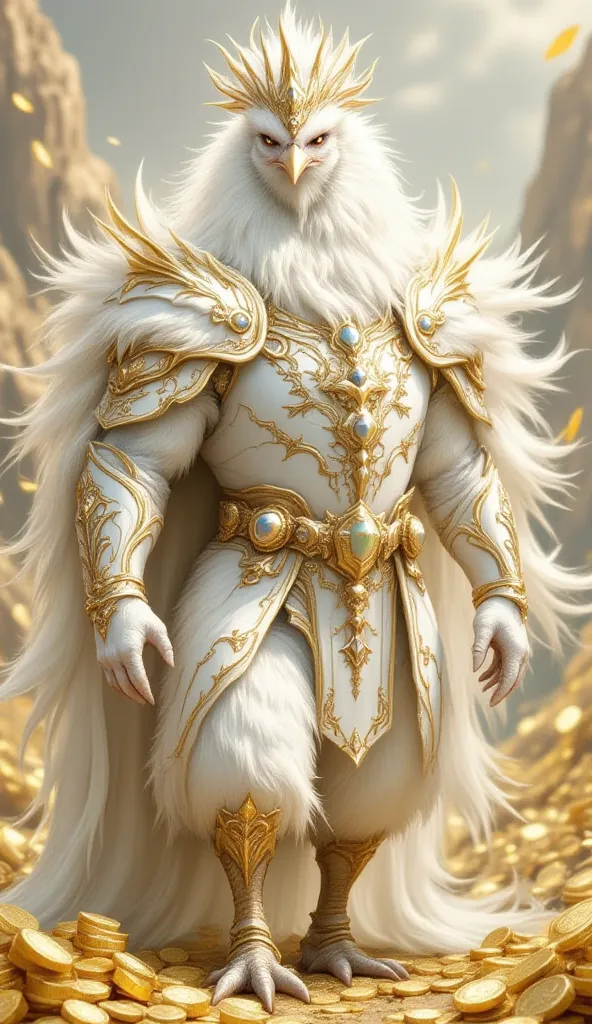 (best illumination, best shadow, masterpiece, best quality),  white  king chicken majestic, intimidating, powerful, epic, royal armor of white and gold with intricate details, clean lines, perfect illustration,The surrounding scenery is golden mountains, l...