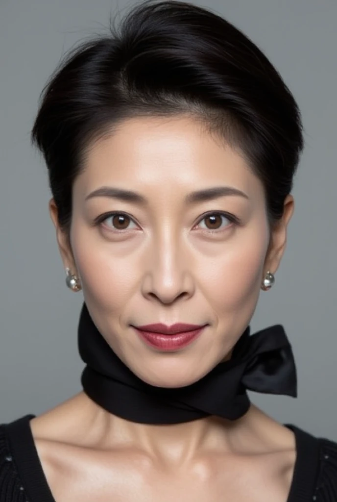 A close-up portrait of a stylish middle-aged Japanese woman, 48 years old, with a bold and sleek short haircut. Her hairstyle is sharp and modern, giving her a powerful presence. Her makeup is matte with defined eyebrows and deep-colored lips, enhancing he...