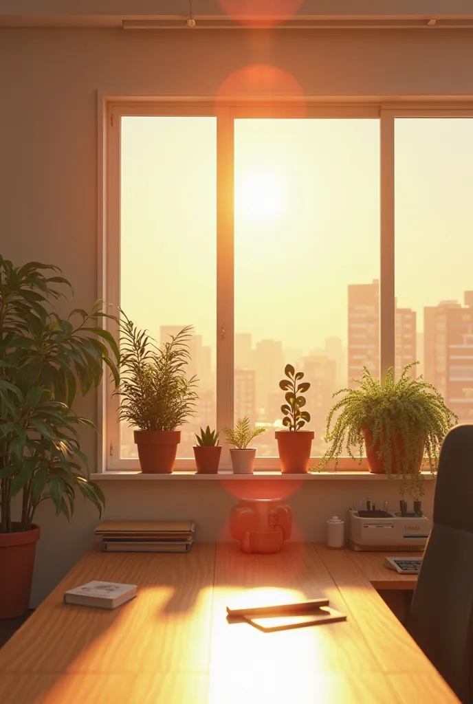 office scene，window，Potted plants， sunshine， and no figures