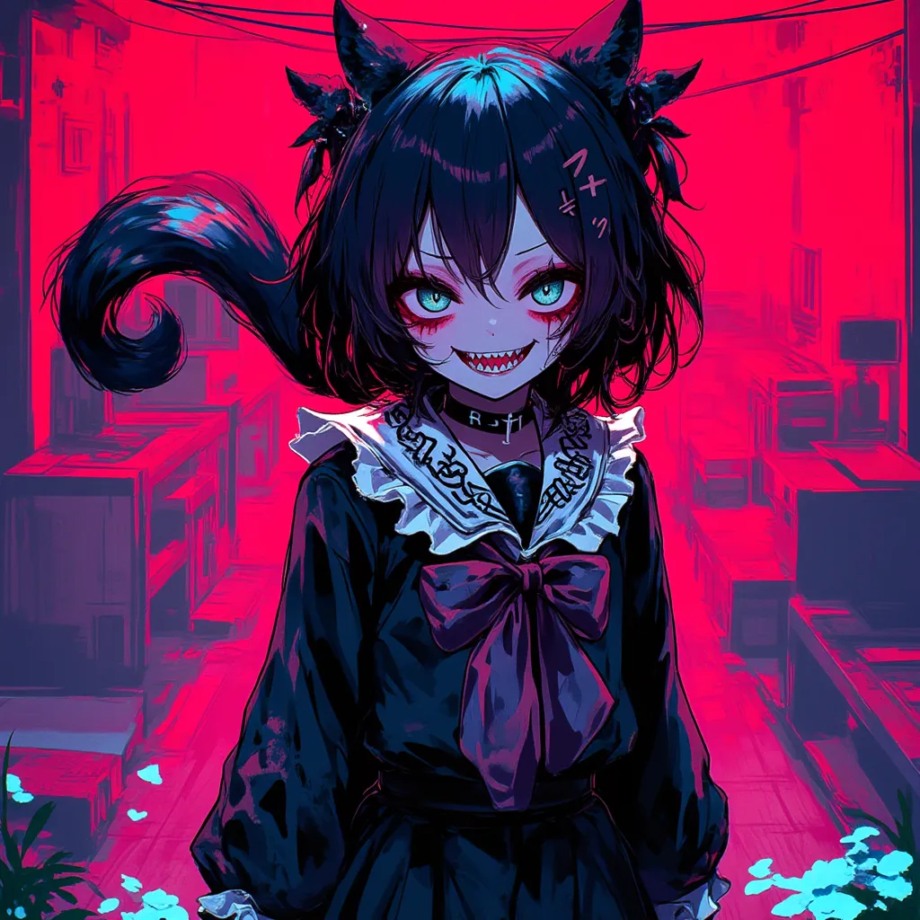 Girl with short black hair a little bit going out, With an idol costume,What does it have a skunk's tail, anime style ,That he's smiling macabrely, Let the image focus on your face