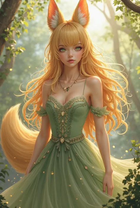 Anthropomorphic feminine kitsune enchantress with golden hair and green eyes wearing a beautiful dress. Official Art – An Award-Winning Digital Masterpiece In 4K Ultra HD, Extreme Detail And Intricate Realism. Symmetrical Face. This Concept Art Brought To ...