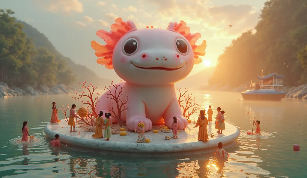 The sacred cute Axolotl water dog statue is 5 meters high. With white-pink fluffy gums, big round eyes without eyelids and a gently smiling mouth, it floats on a white marble raft in a clear river bay reflecting the sunset. The raft is surrounded by copper...