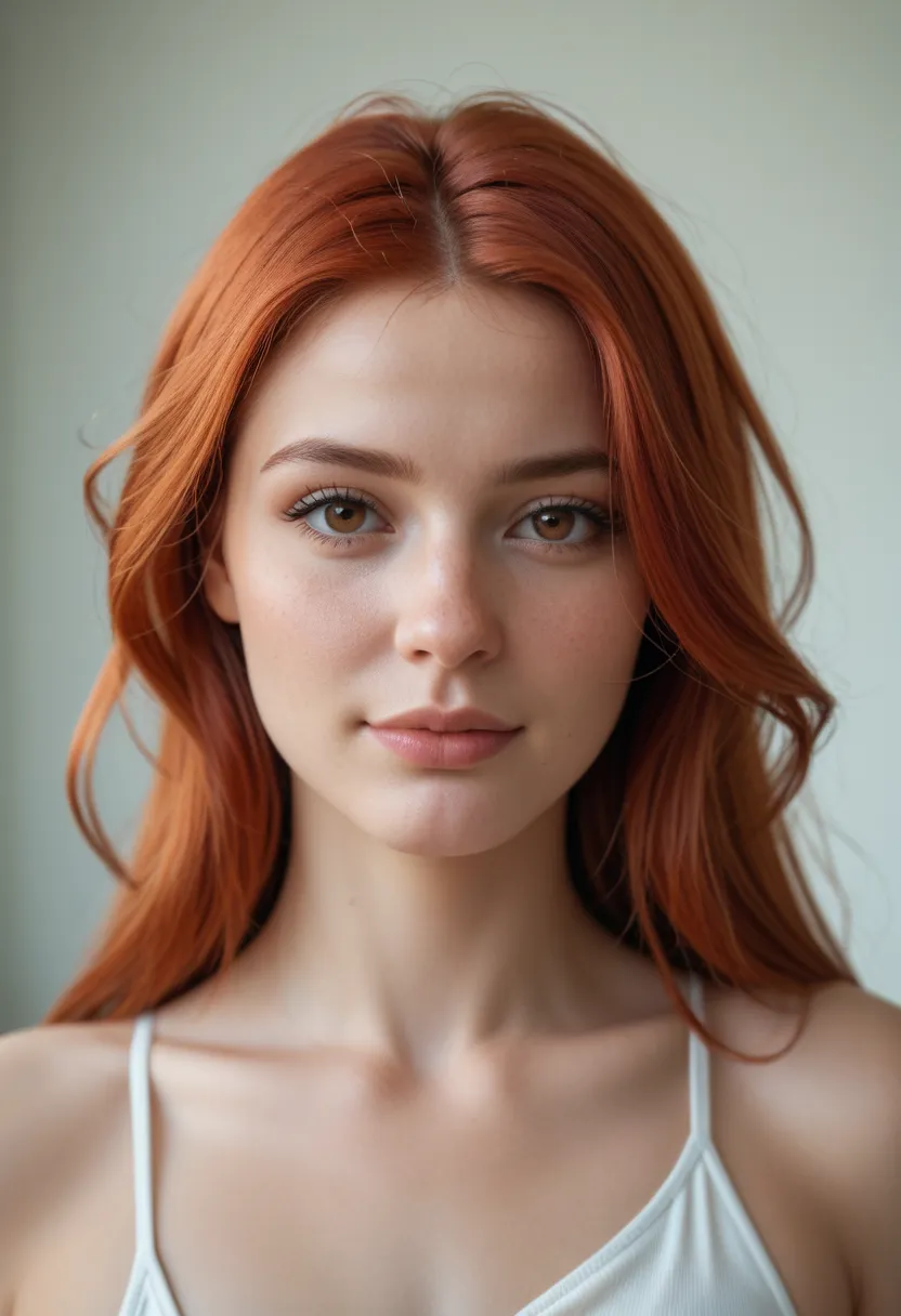 portrait, looking at viewer, red hair, redhead, brown eyes, clear skin, small breasts, flat chest, one breast out, unique facial features, endearing imperfections, atypical beauty, huge nose, charmingly natural, second choice, overshadowed by prettier girl...