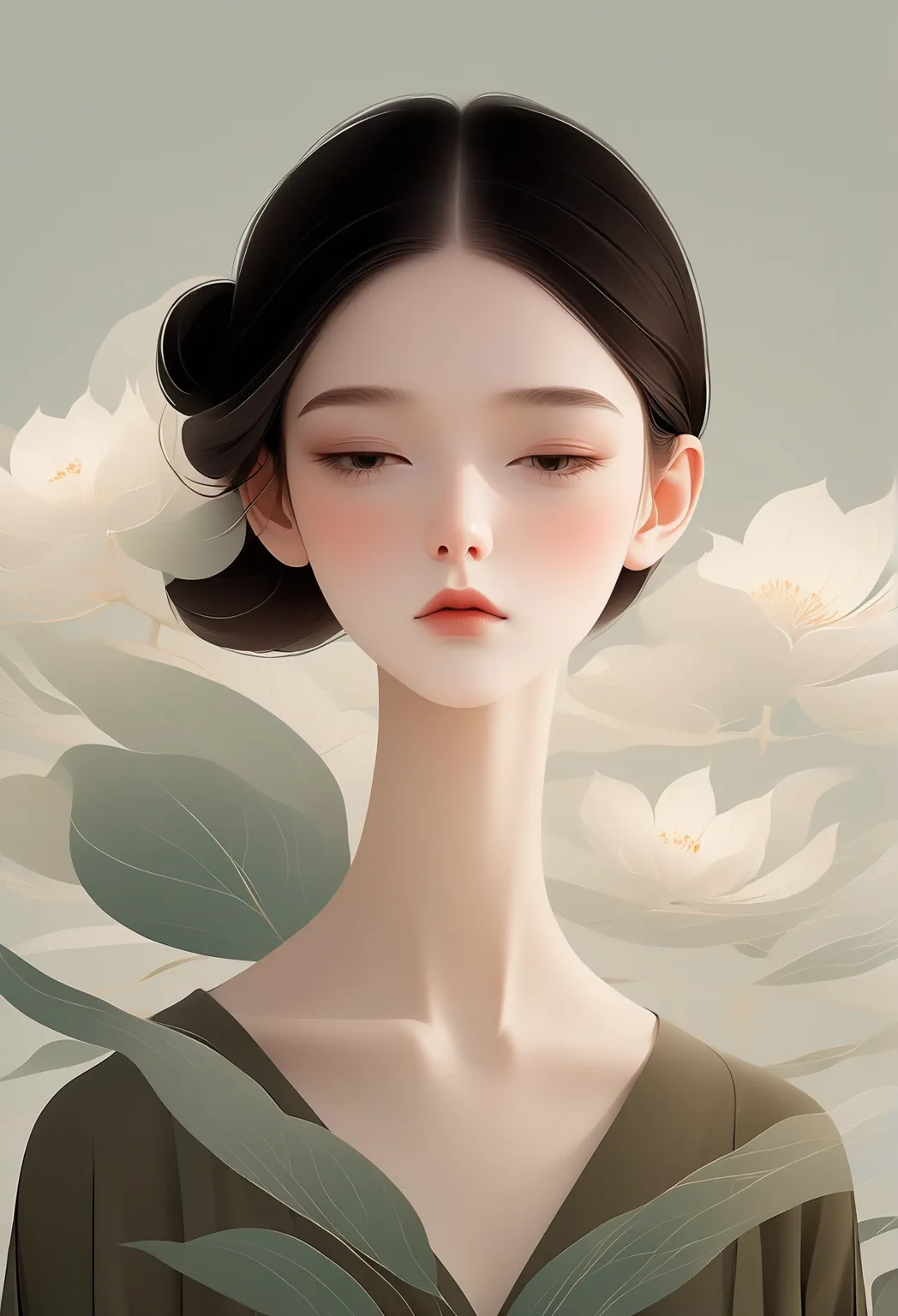 vector， Flat Style ，illustration， Minimalist，数字艺术illustration，1 girl，unique， dark hair， beautiful face，portrait，Shoulder，Beautiful hands，Zen，Artistic Concept，summary