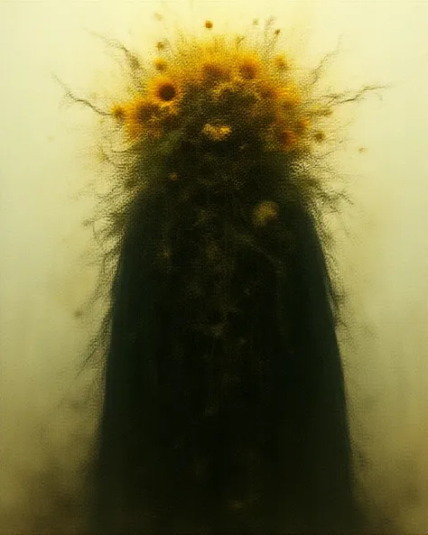 artistic inspiration of Peter Mohrbacher
 (Scale layer),Rotten sunflowers，painting,Concept and design elements，Tangled leaves and sunflowers form a humanoid plant，confusion，chaos，Wearing a ragged black cloak，