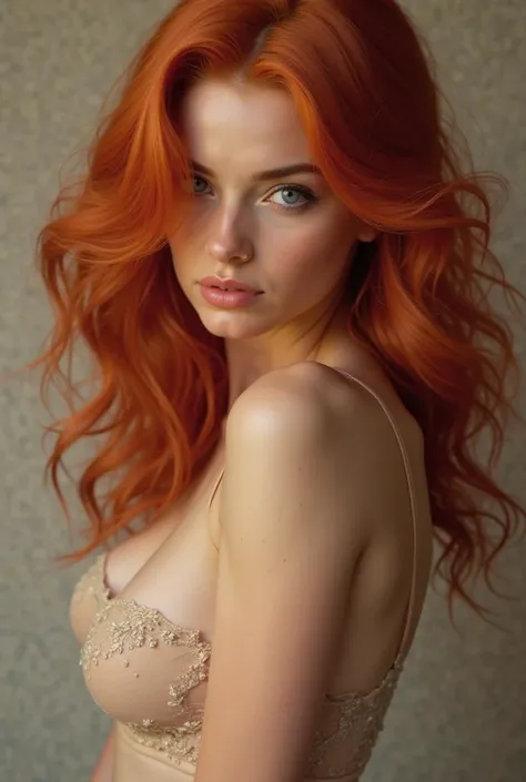 Create a realistic image of a red-haired woman without a bra