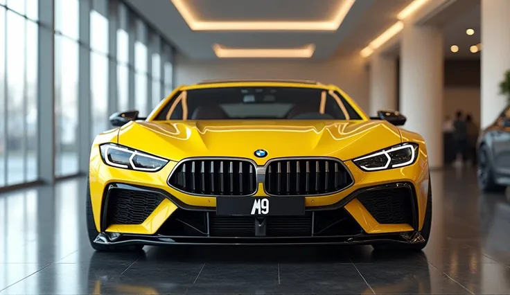 create an ultra-detailed 3D render, of a modern BMW M9 with a bold design looking long like limousine captured from  straight close FRONT Side view. The car should feature a 'Gleamy yellow'color with a 'M9' logo on its back, a large white detailed grille l...