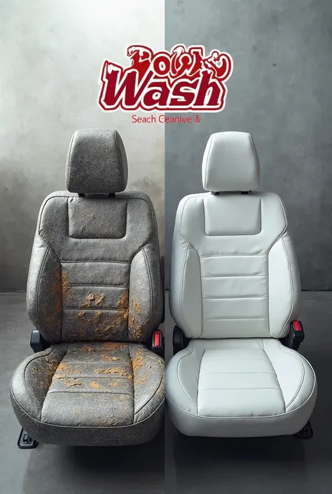 Image for advertising before washing and after washing seats. With the name of the company HOLY WASH. Company colors: red, black and white