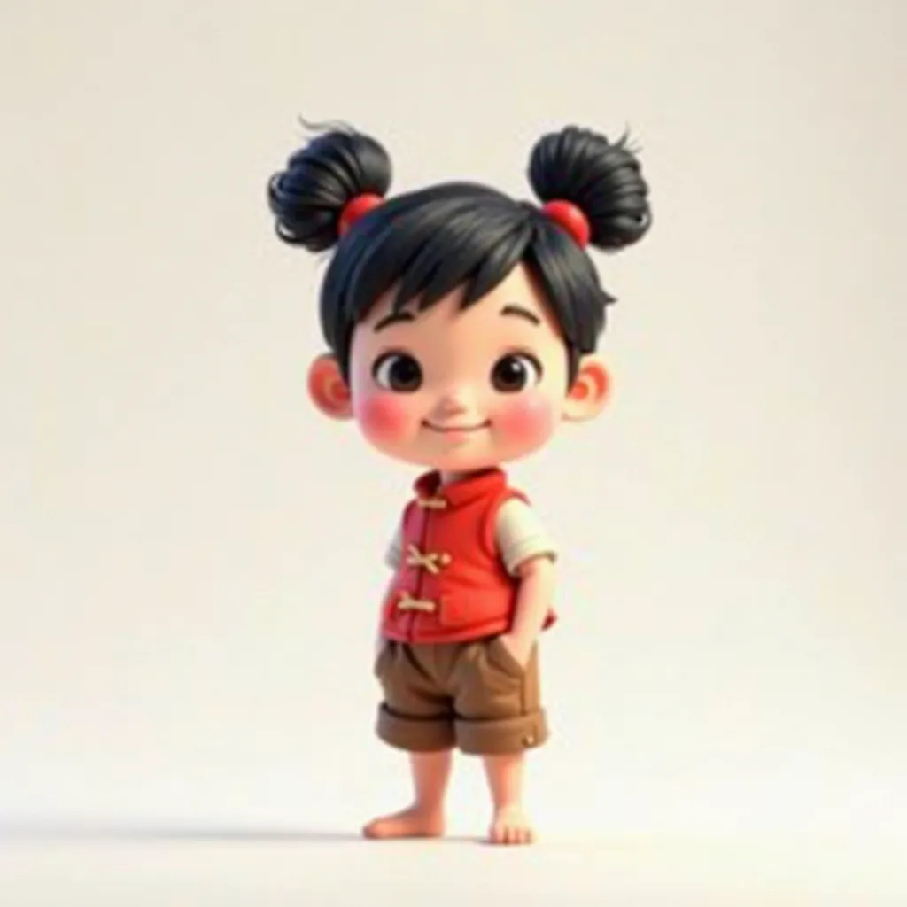 3D character rendering, {Playful Nezha character design}, young cartoon boy, black hair tied into two naughty buns, standing with his back to the viewer, wearing a small red vest on his upper body, very loose brown pants showing his small buttocks, and sta...