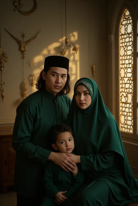 a handsome Indonesian man with long wavy hair, wearing a black peci, wearing dark green Muslim clothes, a beautiful woman wearing a dark green hijab with a calligraphy pattern, wearing dark green Muslim clothes, and a boy wearing dark green Muslim clothes,...