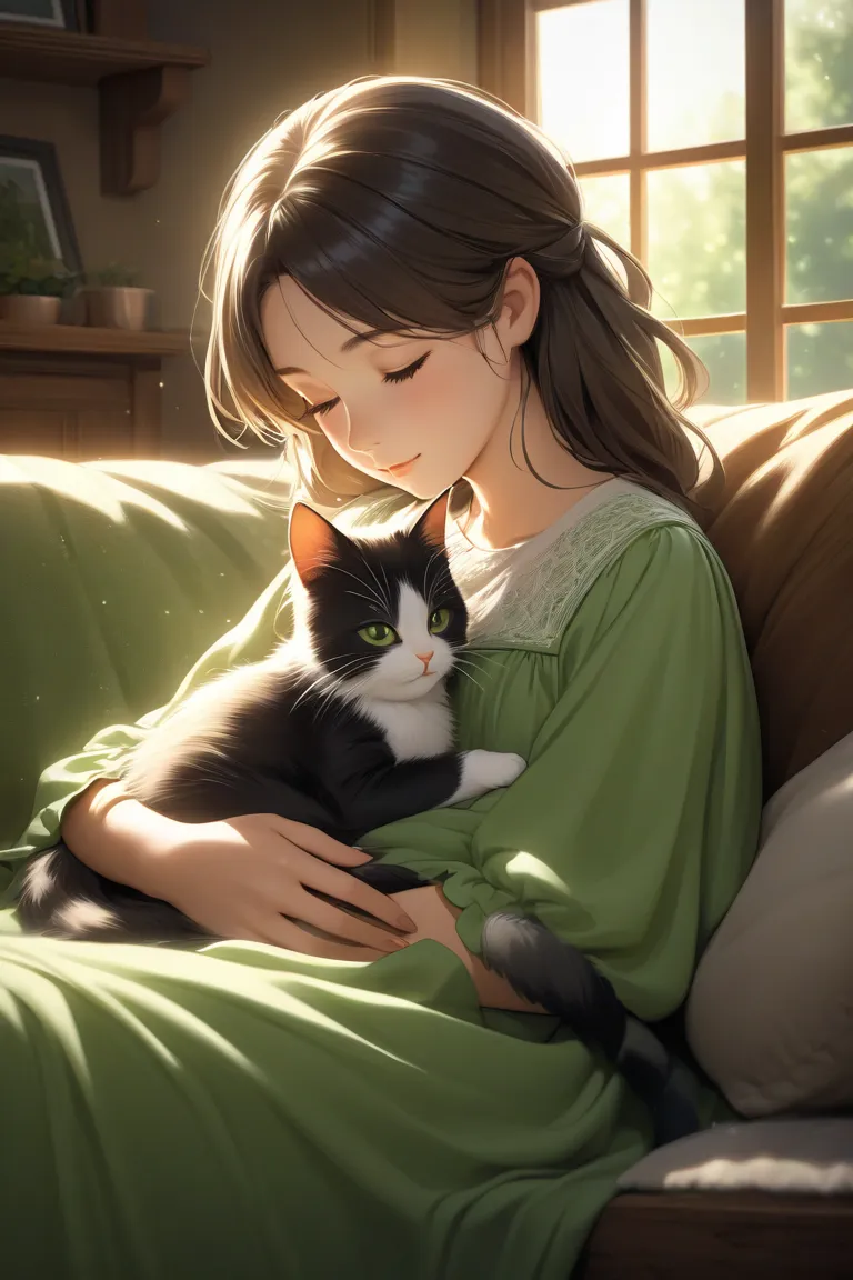 A shoulder-length female cat wearing a green dress is sleeping with her baby daughter wearing a green dress