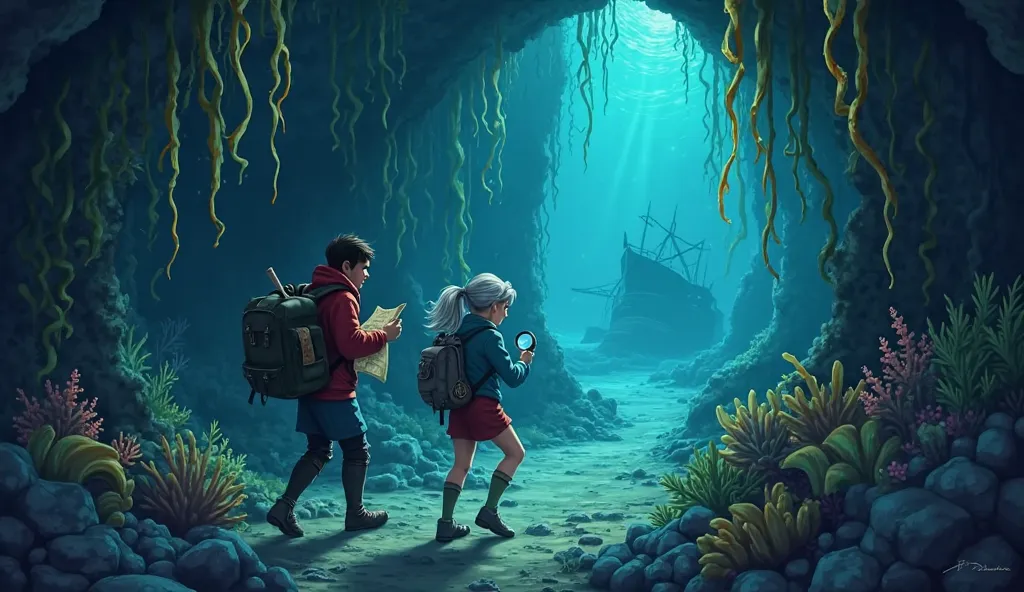 Seguindo as Pistas de Capitão Blackfin
"Sam and Emma cautiously navigate through a dark underwater cave, following traces left by Captain Blackfin. The walls are lined with strange glowing seaweed, casting eerie shadows. Sam holds a small, ancient map from...