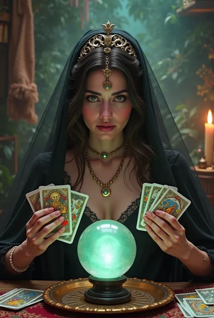 create a realistic image of a fortune teller with a tarot deck in her hands, she is in a room with a mystical atmosphere in front of her there is a table and on top of that table there is a crystal ball she looks like a lady