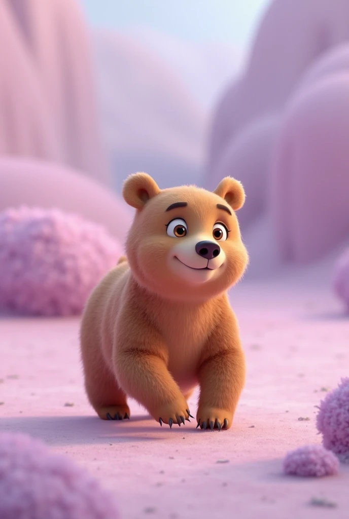 3D rendering in Disney Pixar style , brown bear walking with all four legs on the ground , smooth lilac background  .