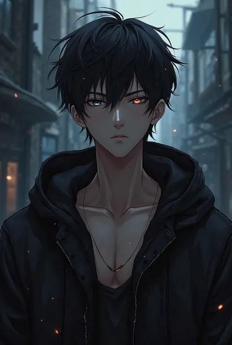  anime cool boy with low cut on hoodie with  dark background 