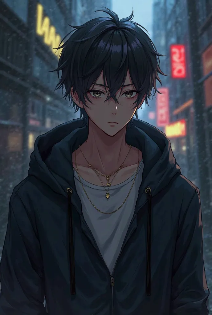  anime cool boy with low cut on hoodie with  dark background 