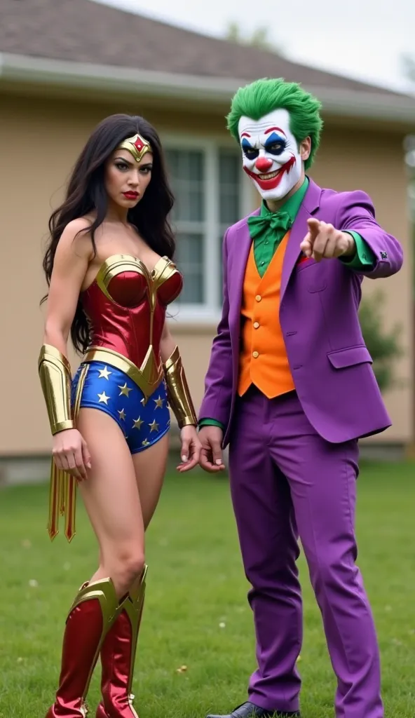 Two individuals in costumes stand outdoors on a stretch of grass with a beige house in the background. The woman on the left is dressed as a superhero, wearing a costume metallic steel-plated finish with red, blue, and gold , and a headdress resembling a t...